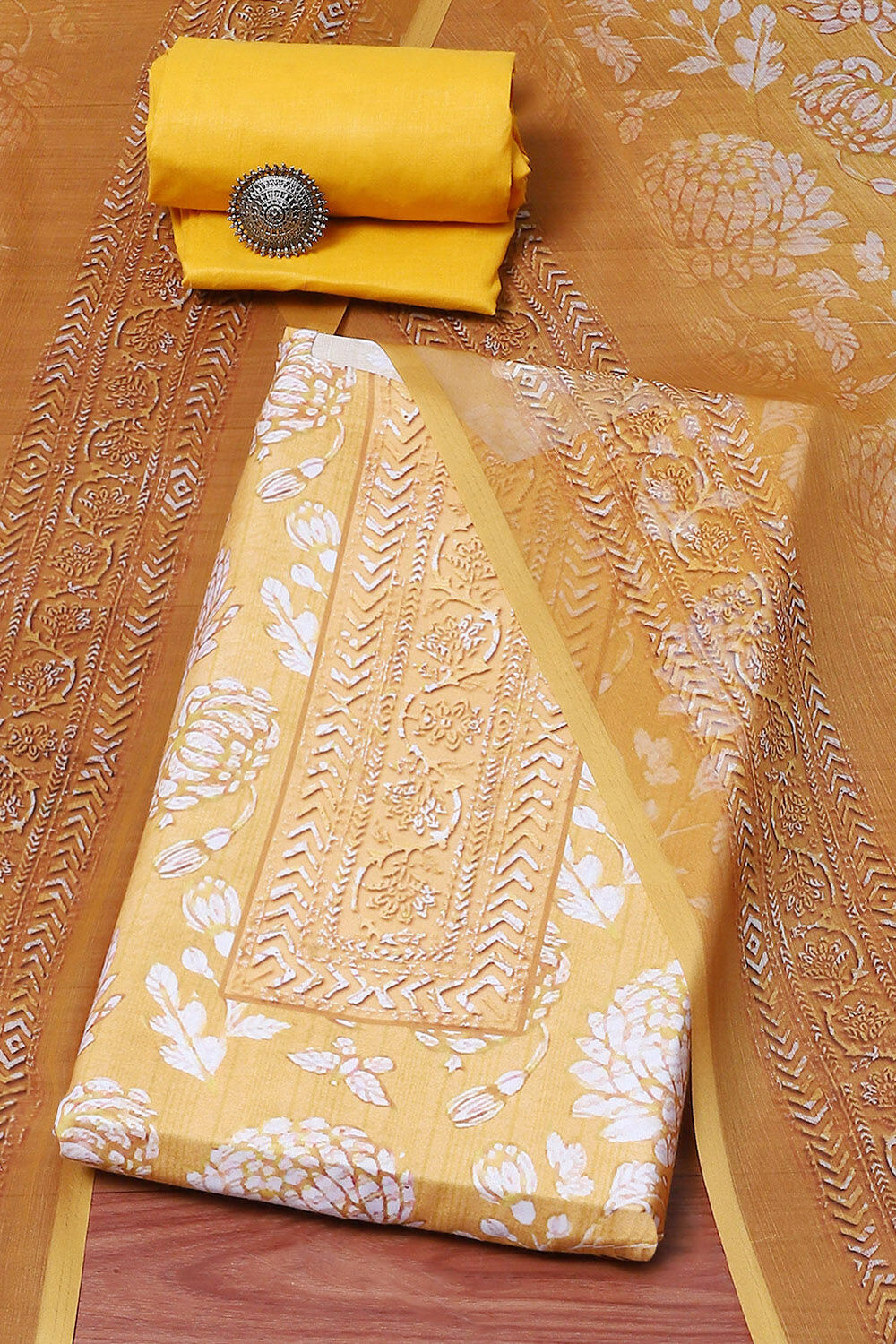 Mustard Cotton Blend Digital Print Unstitched Suit Set image number 0