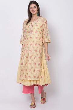 Yellow Poly Metallic Cotton Flared Printed Kurta image number 2