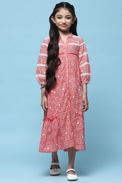 Red Printed Cambric Dress With Front Opening image number 5