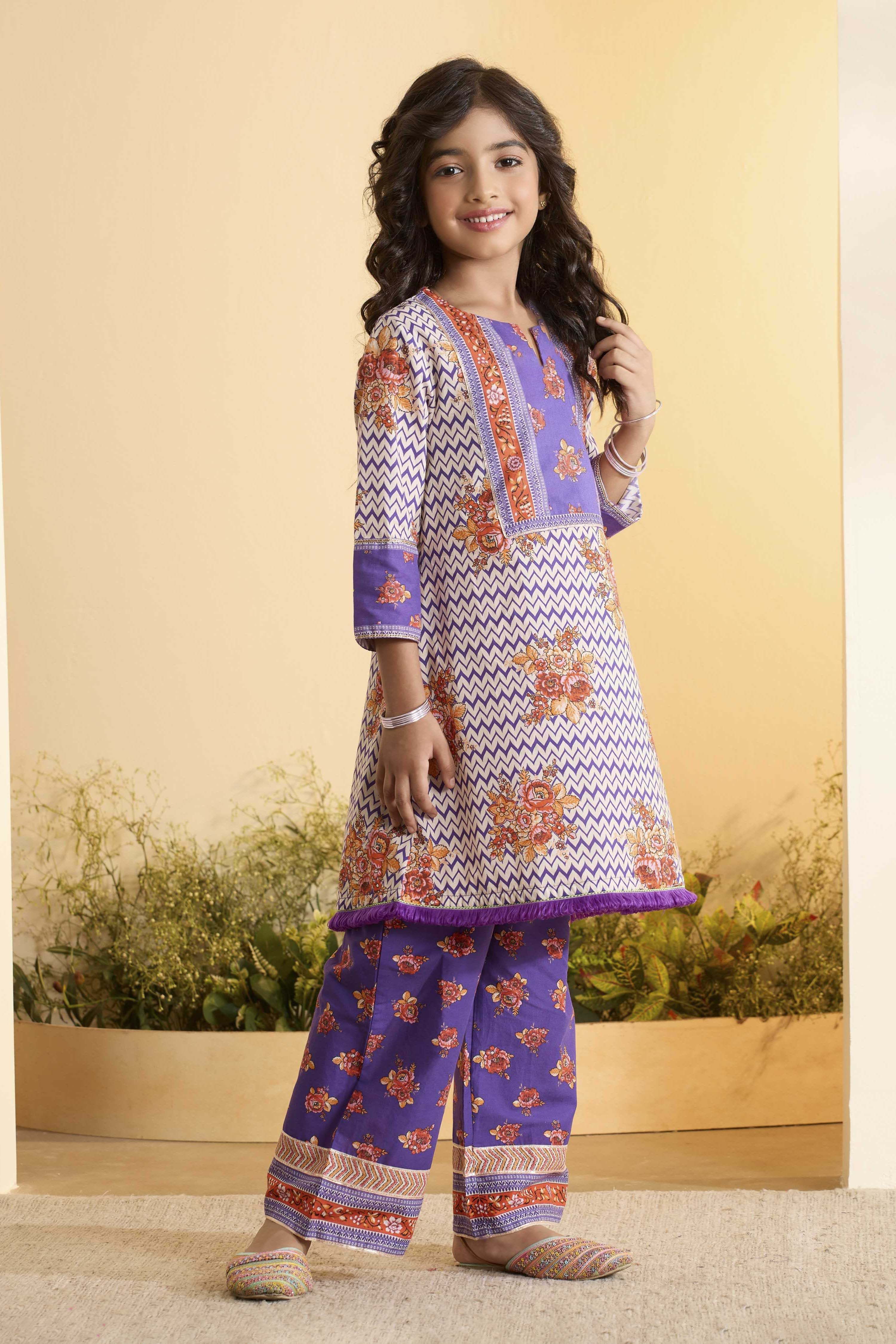Purple Cotton Printed A-Line Kurta Set image number 5