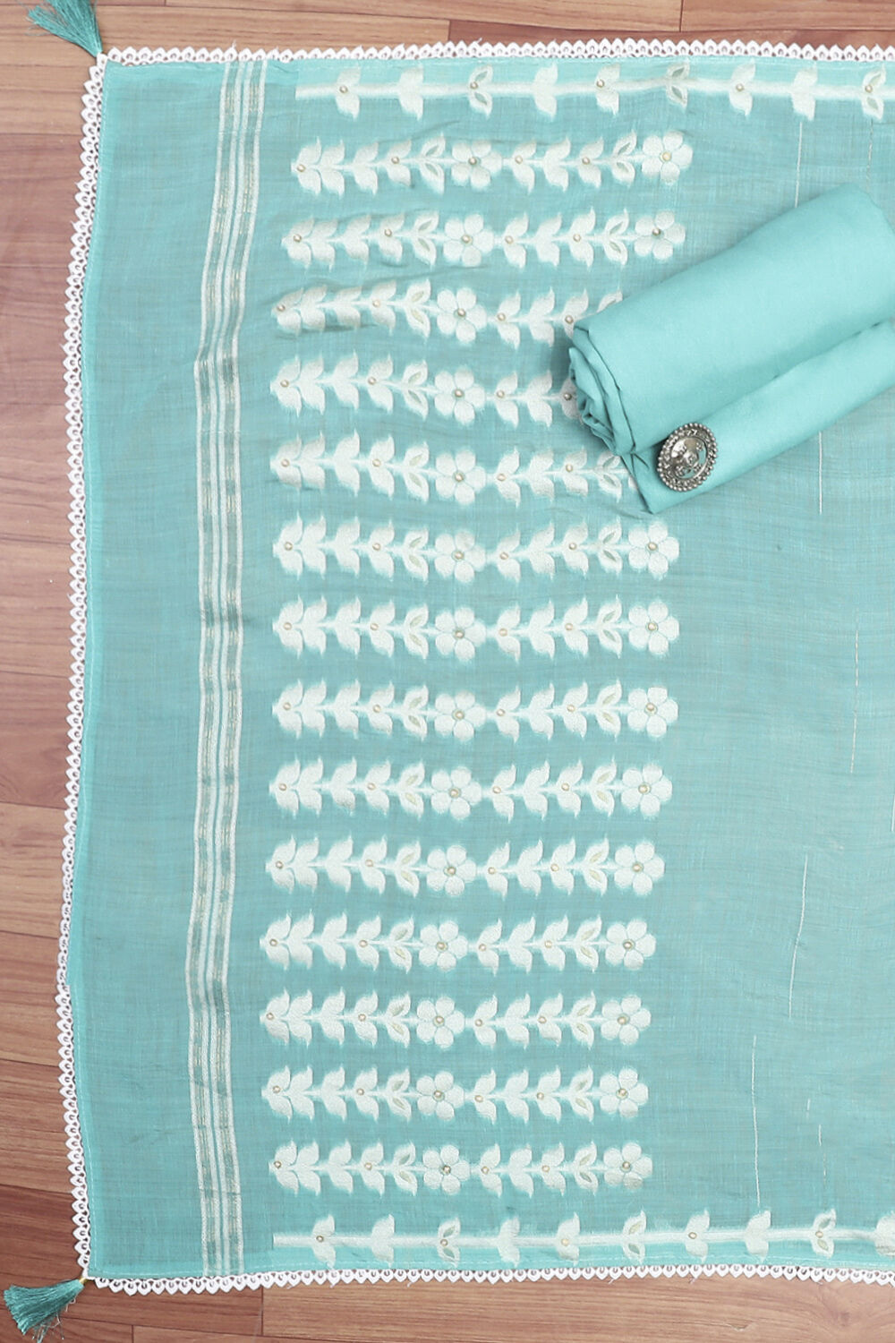 Peach Chanderi Unstitched Suit Set image number 2