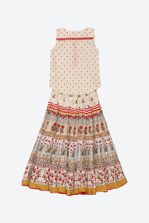 Off White Cotton Straight Kurta Skirt Suit Set image number 1