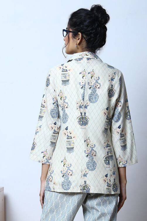 Off White Cotton Blazer Printed Top image number 8