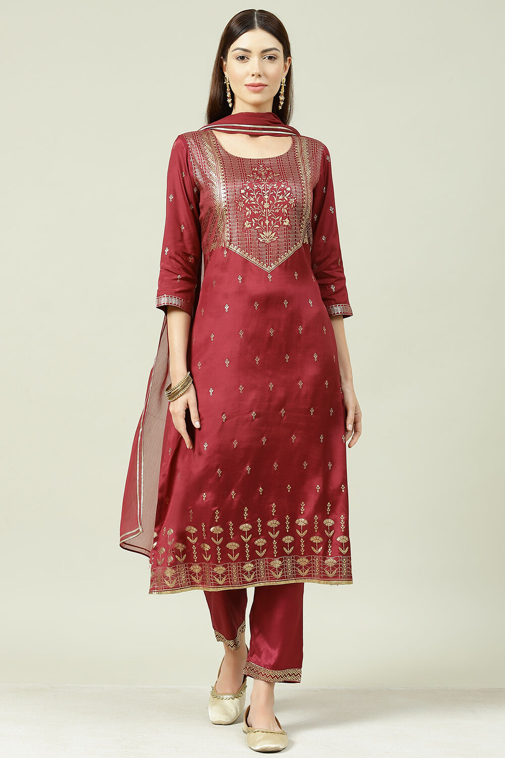 Wine Straight Kurta Regular Pants Suit Set image number 0