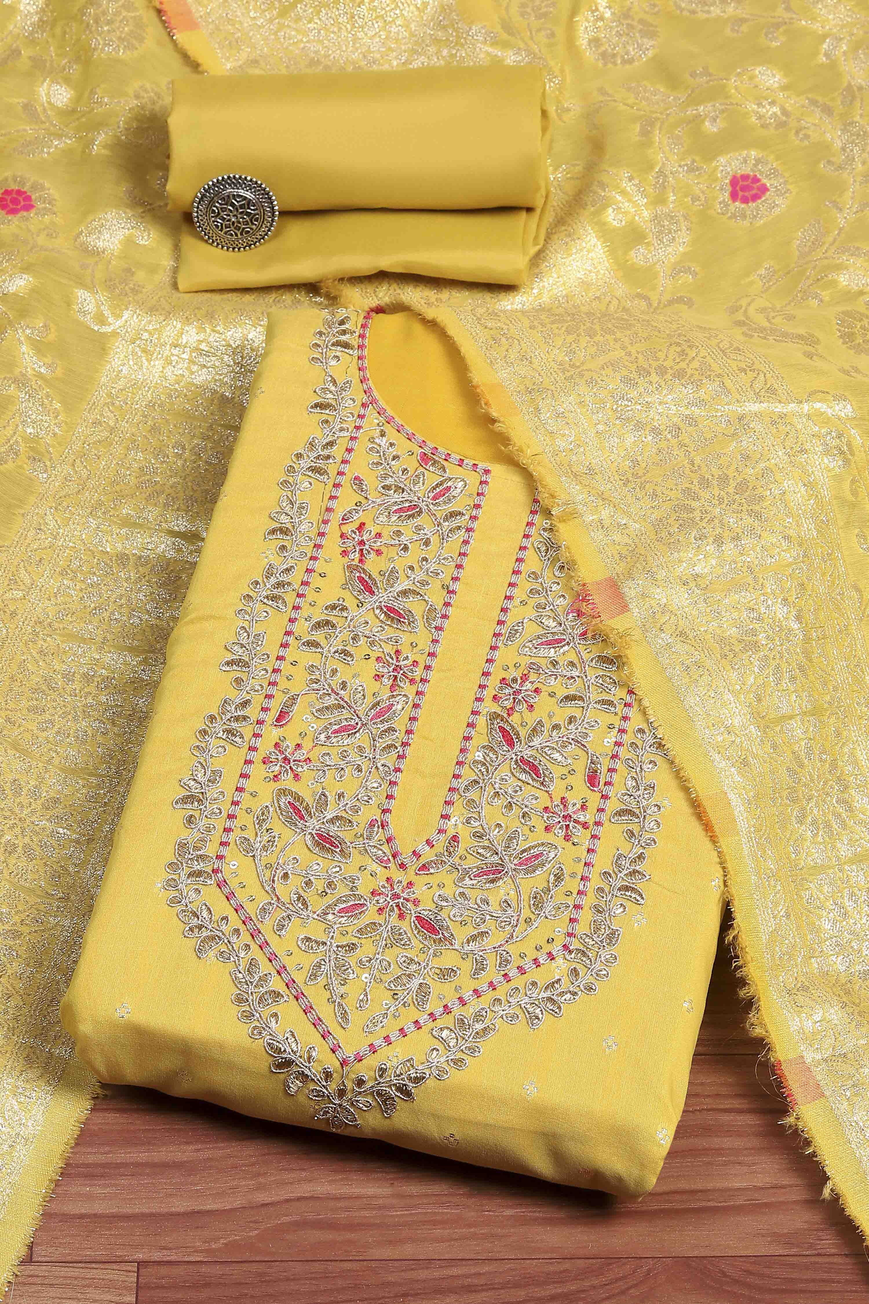 Yellow Tissue Blend Machine Embroidered Unstitched Suit Set image number 0