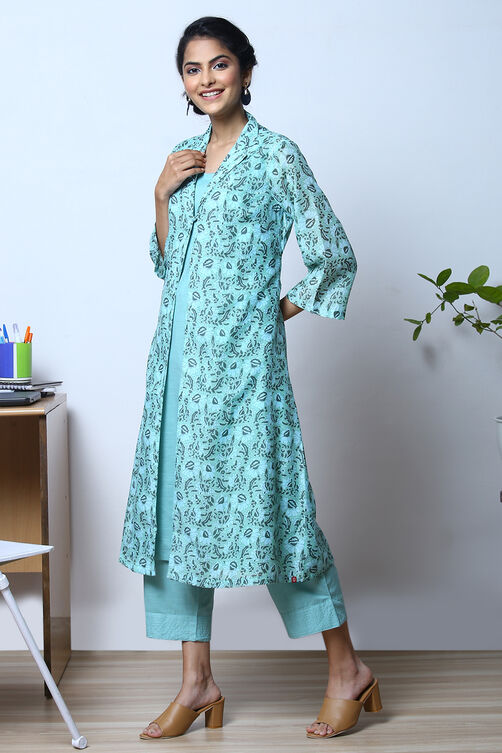 Mint Green Art Silk Straight Kurta Relaxed Pant Suit Set image number 6