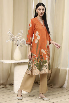 Orange Cotton Blend Straight Kurta image number 5
