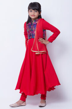 Red Cotton Anarkali Kurta Churidar Suit Set image number 3