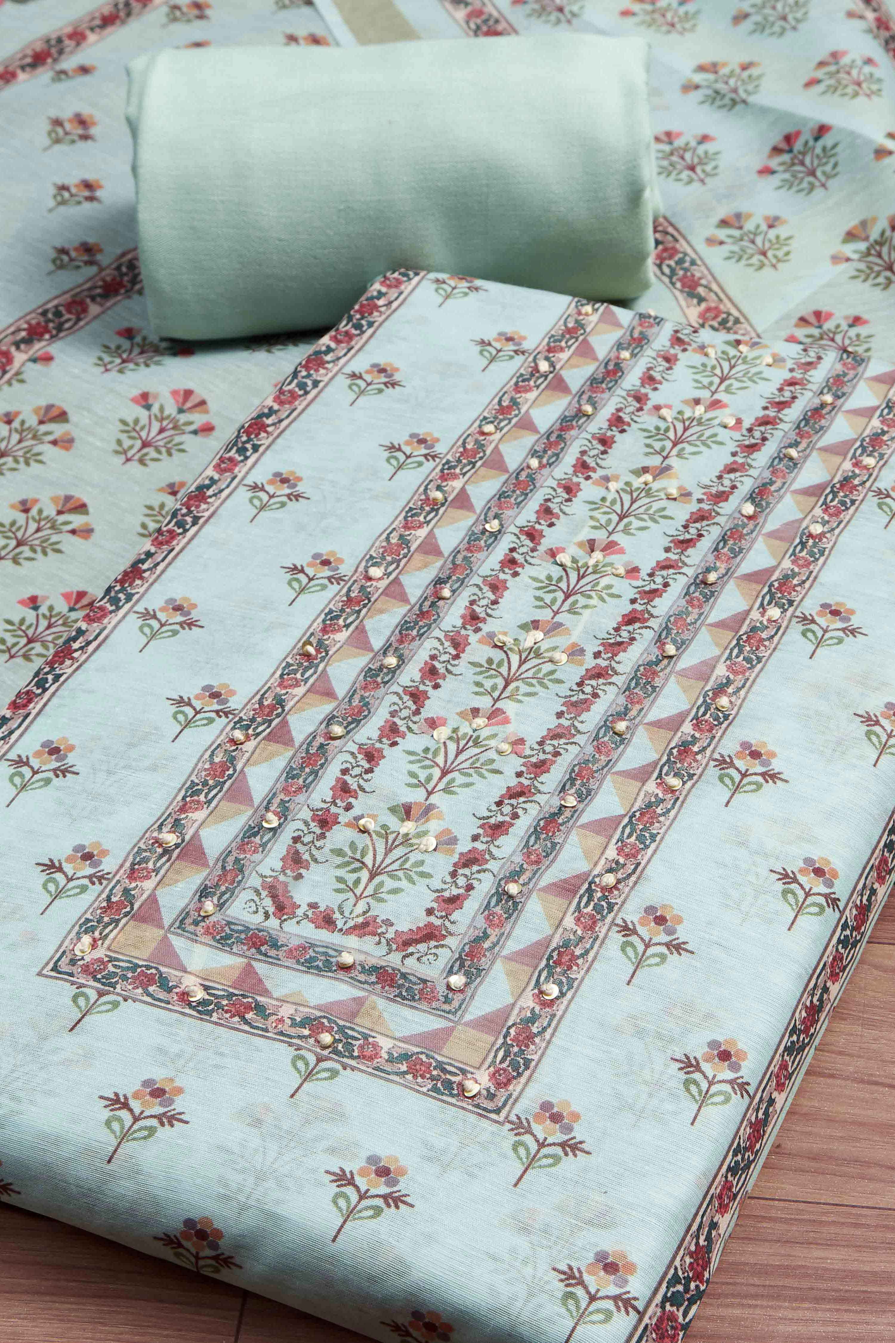Green Muslin Rajasthani Print Unstitched Suit Set image number 1