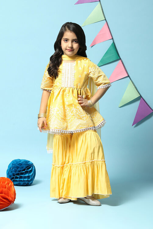 Yellow Cotton Blend Gathered Kurta Sharara Suit Set image number 7