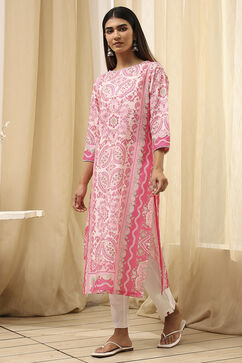Pink Cotton Printed Straight Kurta image number 2