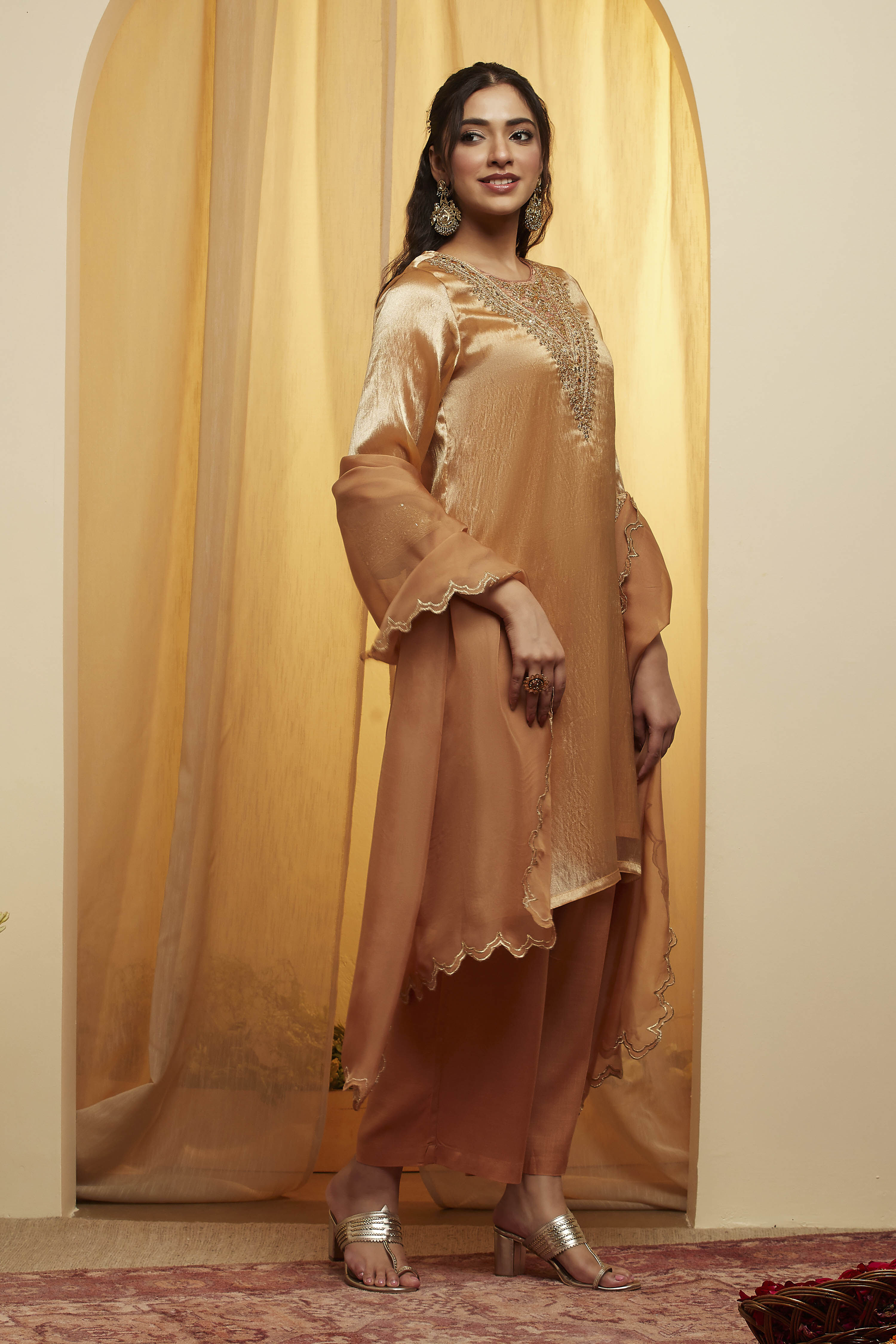 Gold Viscose Rayon Straight Suit Set image number 4