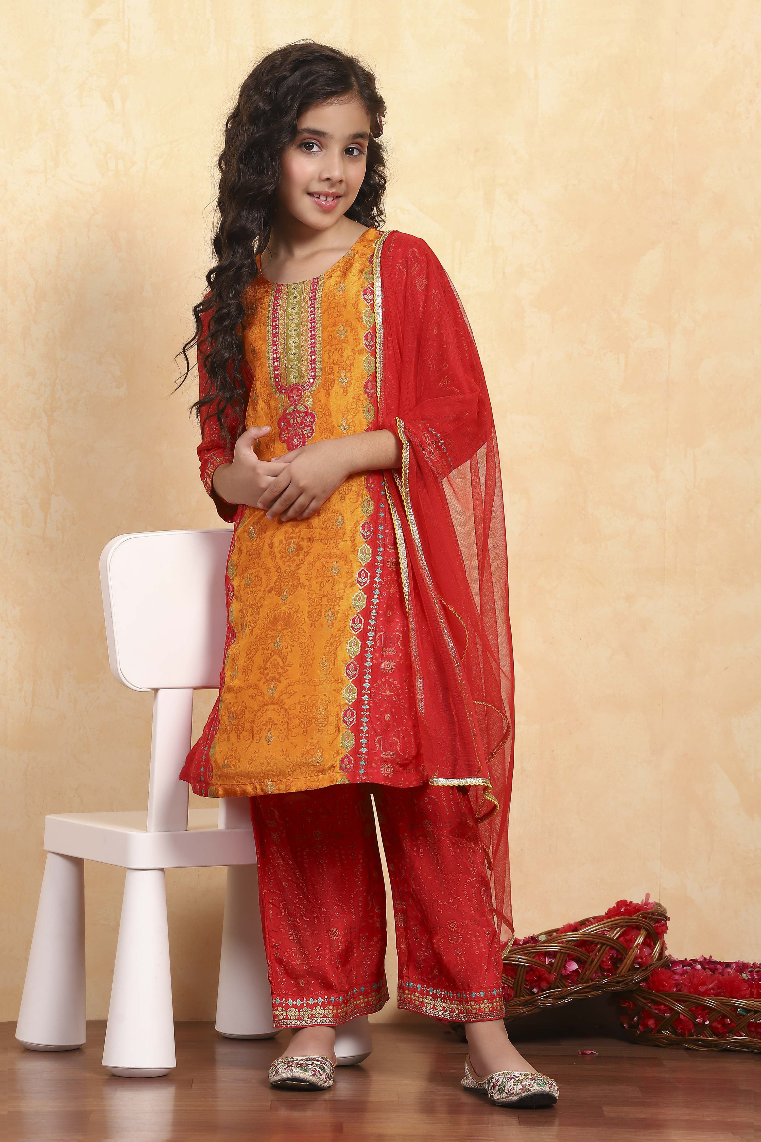 Mustard Yellow and Red Printed Straight Suit Set image number 0