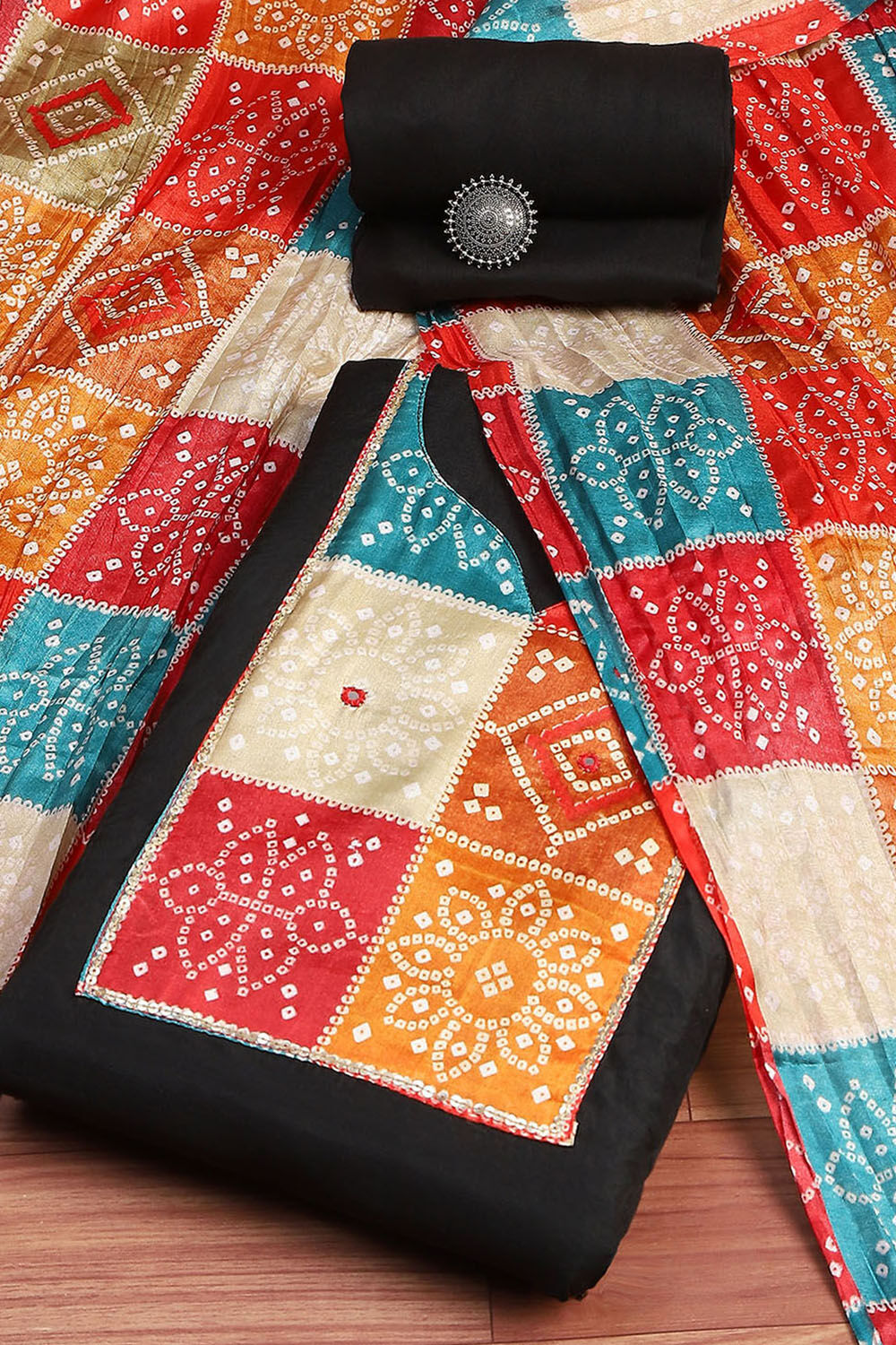 Green Cotton Printed Embroidered Unstitched Kurta Set image number 0