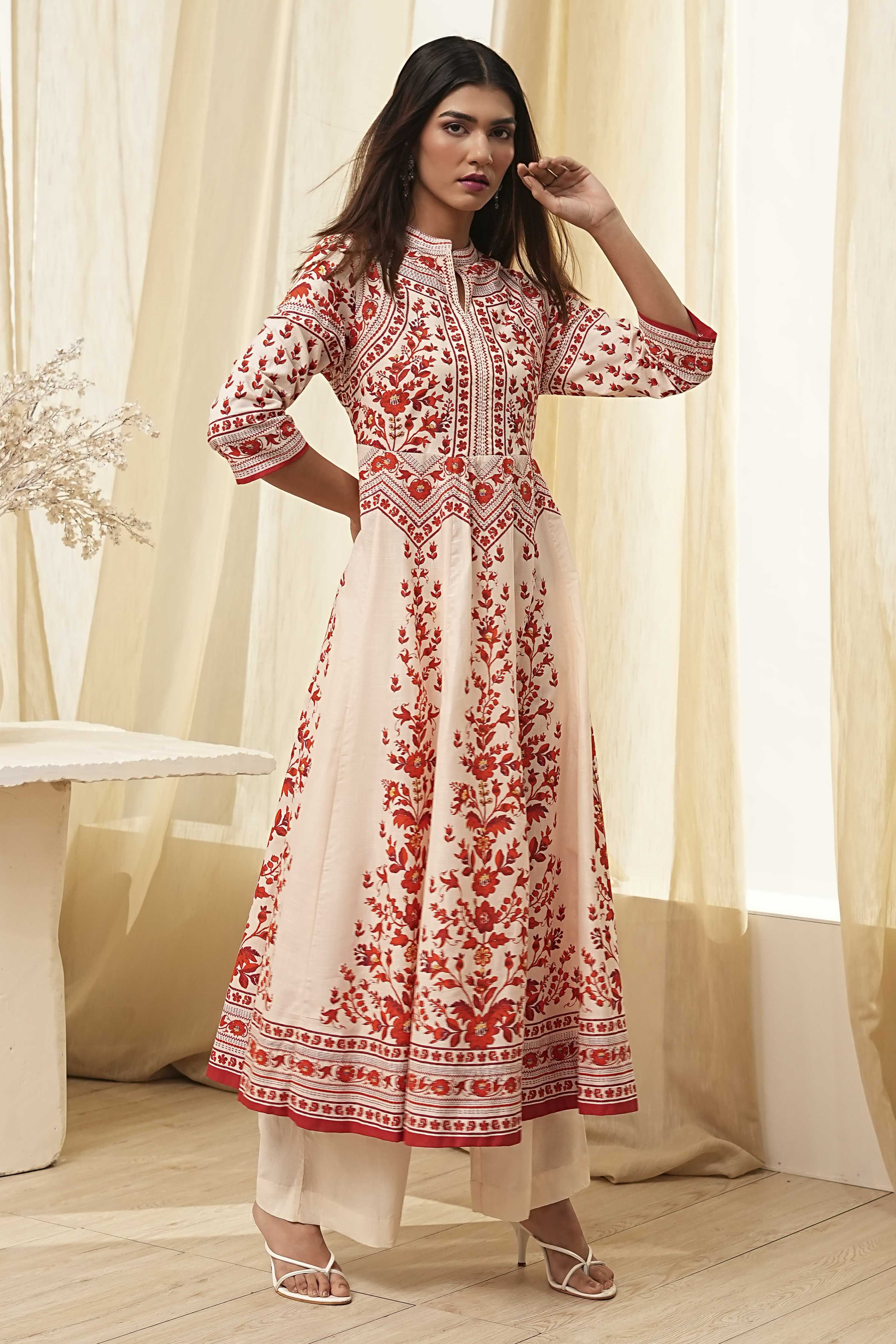 White and Black Cotton Printed Anarkali Kurta Set image number 6