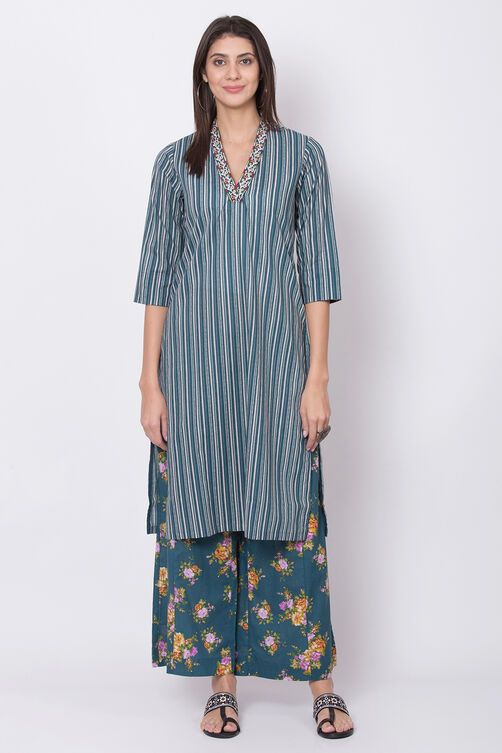 Blue Cotton Straight Kurta Flared Palazzo Suit Set image number 2