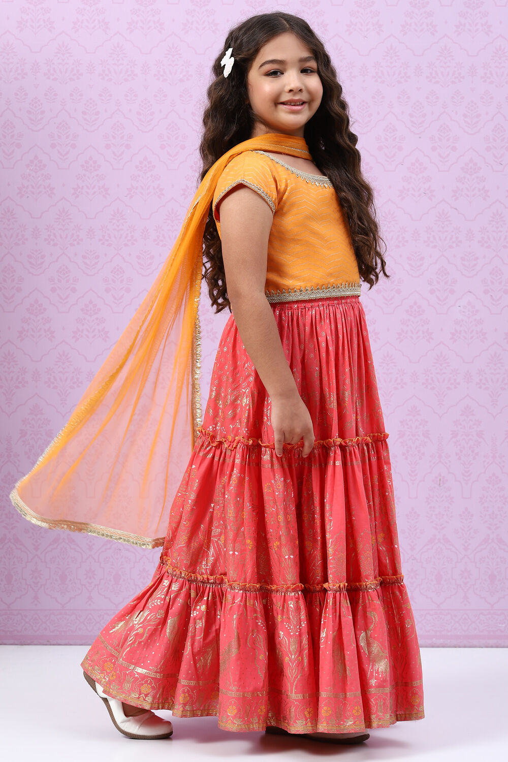 Orange & Coral Art Silk Lehenga Set image number 5