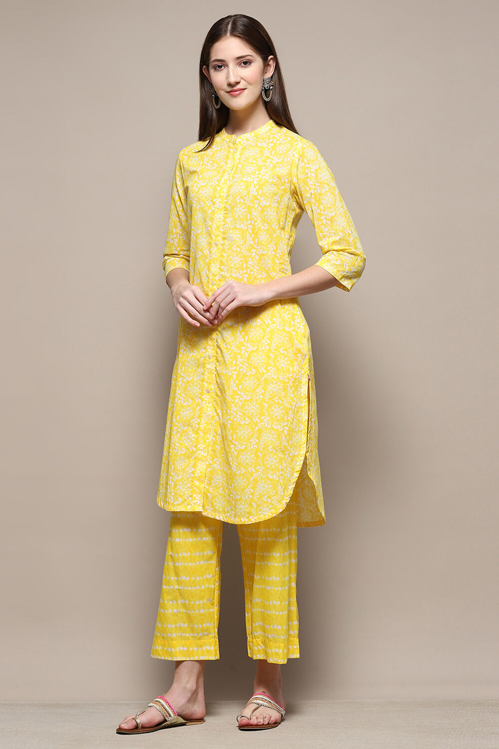 Yellow Cotton Straight Kurta Palazzo Suit Set image number 3