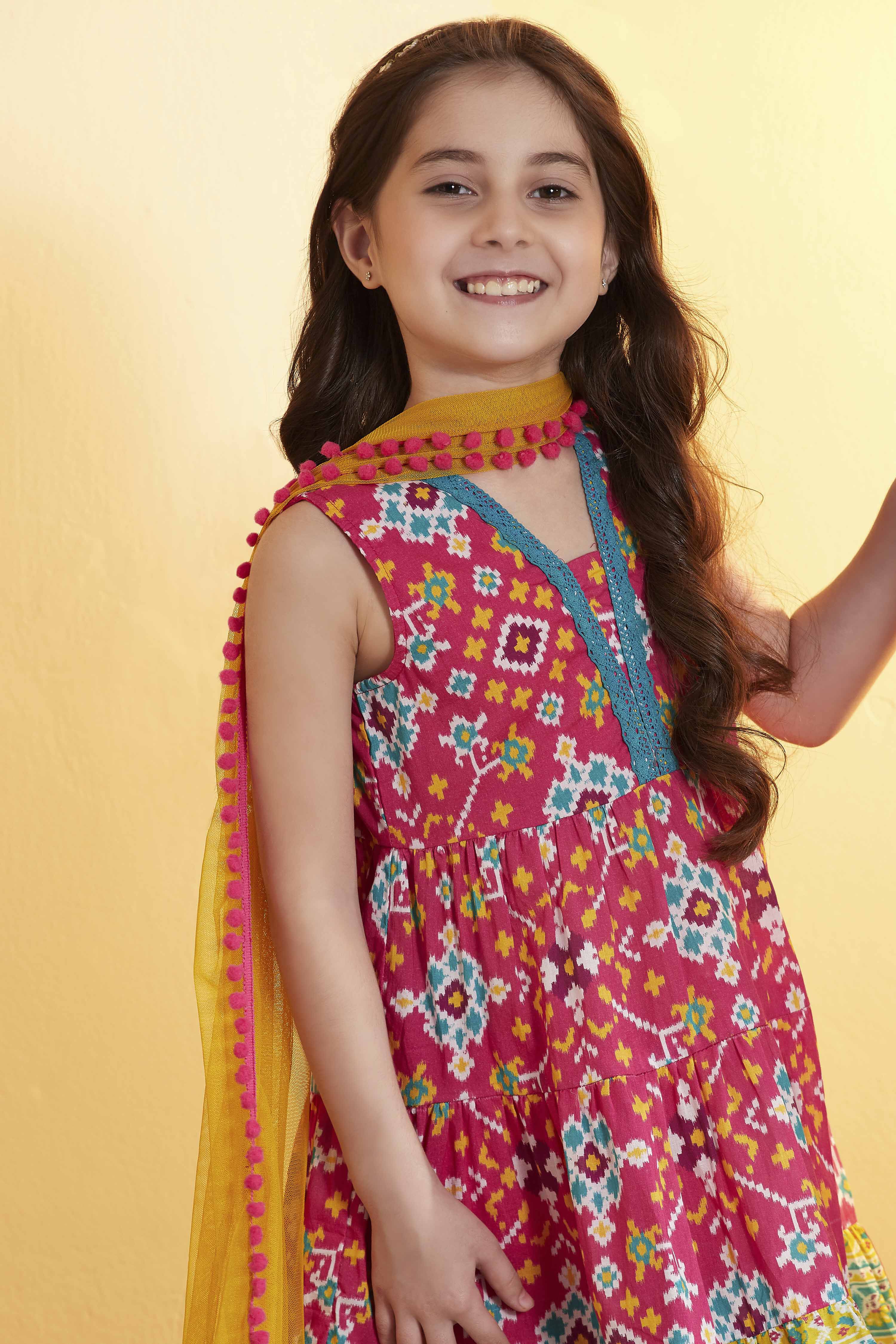 Pink Printed Tiered Cotton Kurta Set image number 1
