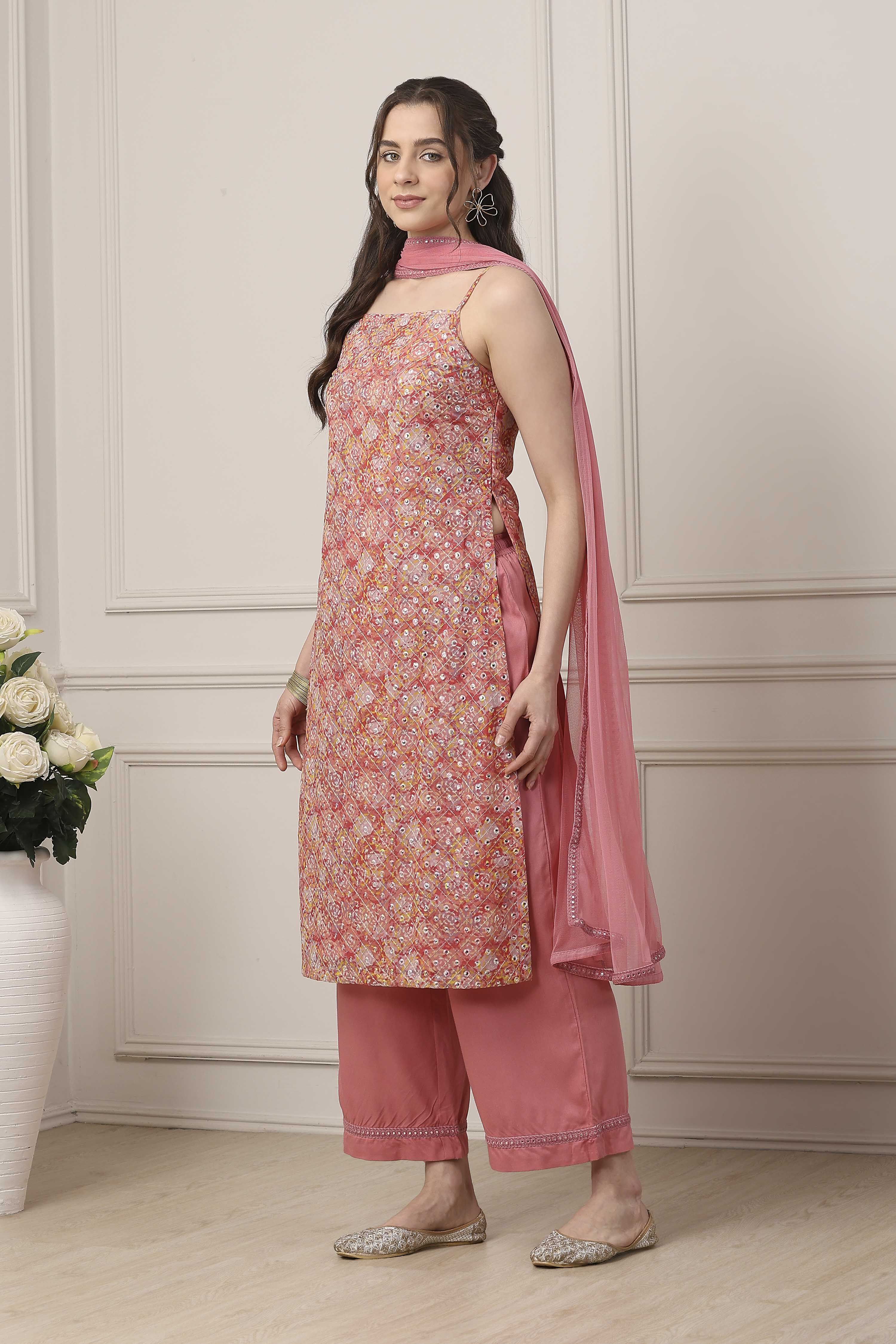 Peach Poly Georgette Floral Thread Work Straight Suit Set image number 3