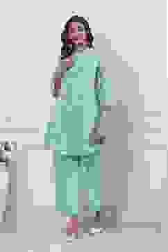 Turquoise Cotton Printed Kalidar Kurta Set image number 6