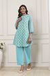 Turquoise Cotton Kalidar Kurta Pants Set image number 6