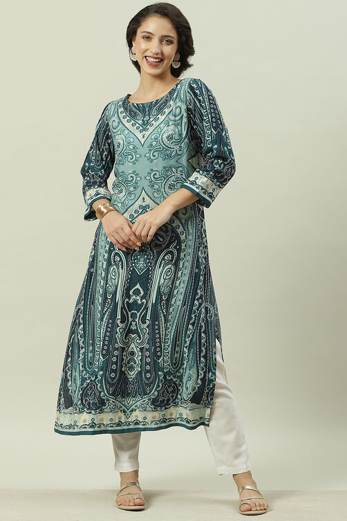 Teal Rayon Straight Printed Kurta image number 5