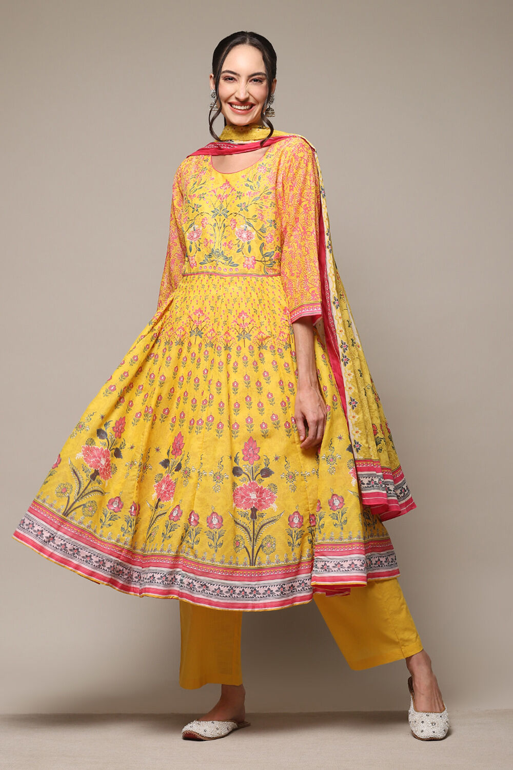 Yellow Cotton Anarkali Kurta Palazzo Suit Set