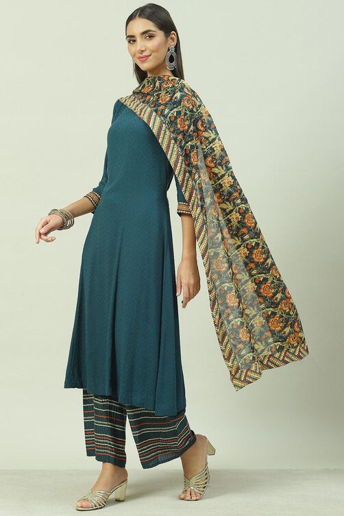 Teal LIVA Straight Kurta Palazzo Suit Set image number 5