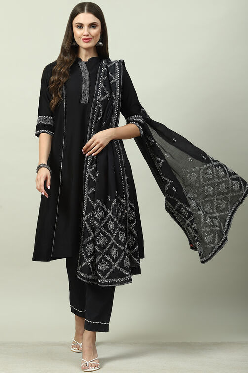 Black Cotton Straight Kurta Relaxed Pants Suit Set image number 0