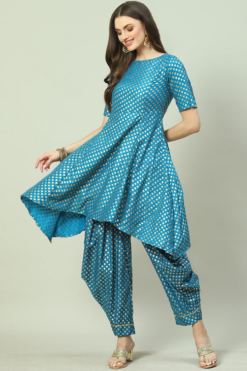 Blue Printed Straight Kurta Dhoti Salwar Suit Set image number 5