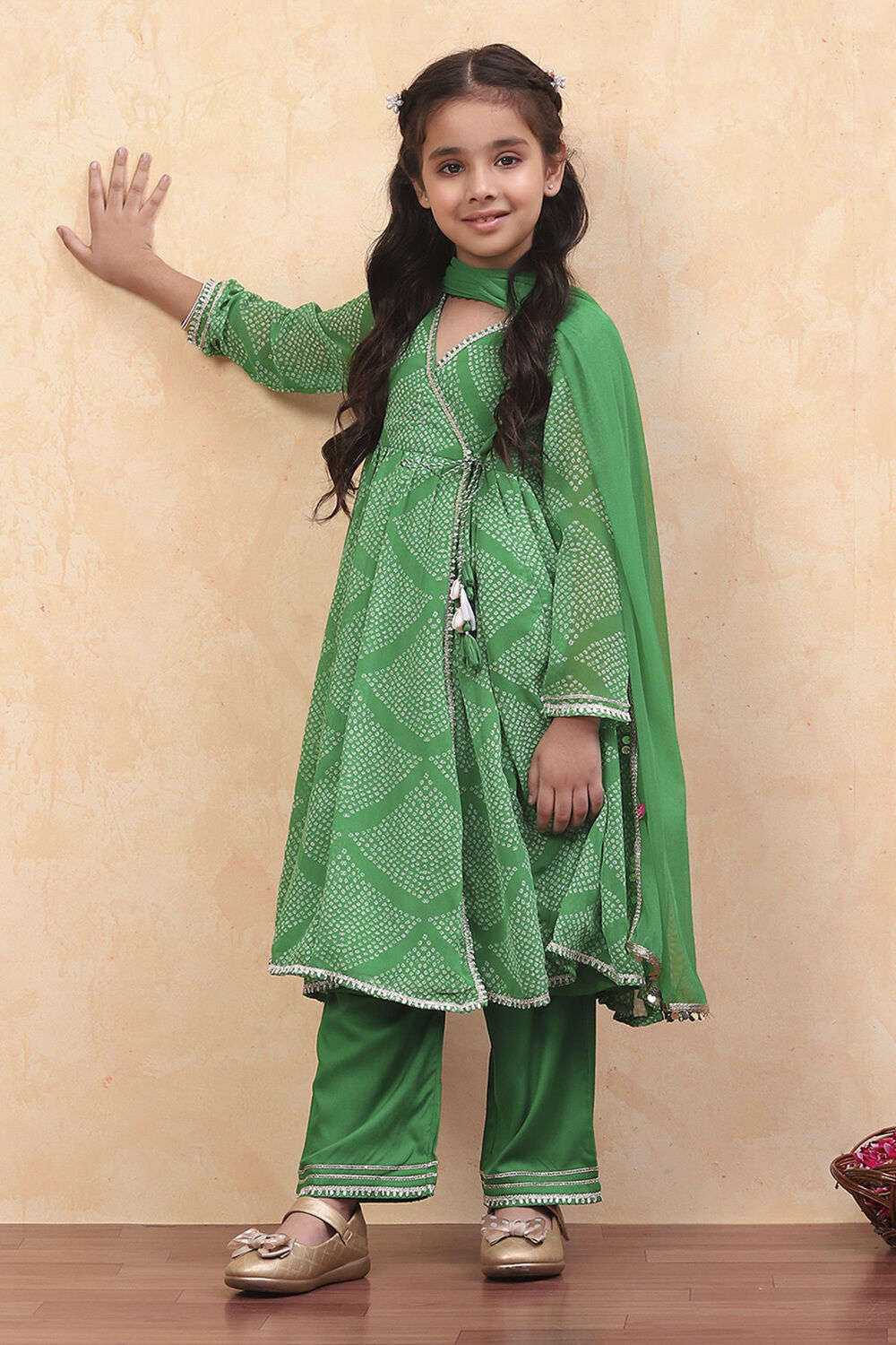 Green Georgette Bandhani Printed Angrakha Suit Set image number 0