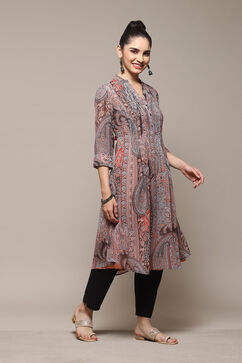 Peach & Blue Polyester Straight Printed Kurta image number 5