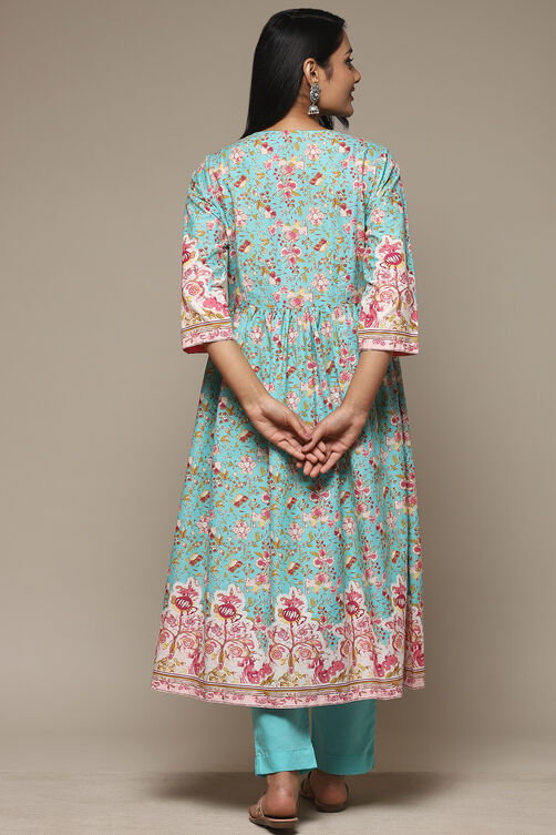 Blue Cotton Gathered Kurta Pants 2 Piece Set image number 4