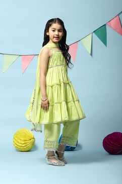 Lime Green Cotton Tiered Kurta Straight Palazzo Suit Set image number 6