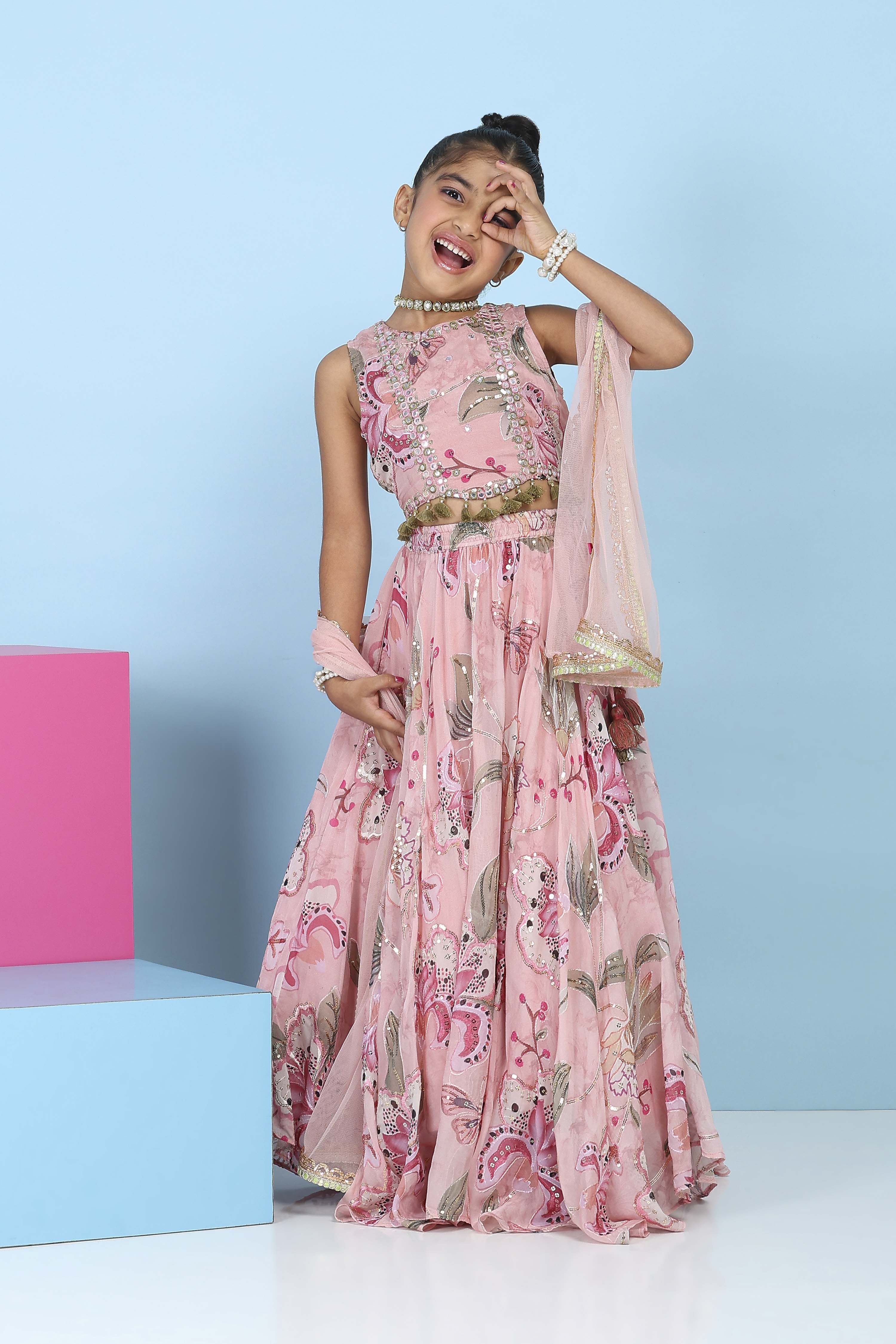 Pink Viscose Organza Floral Mirror Work Lehenga Set image number 0