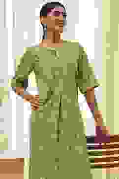 Lime Green and Beige Printed Straight Kurta Set image number 7