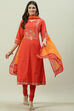 Red Printed Cotton Kalidar Kurta Legging Suit Set image number 0