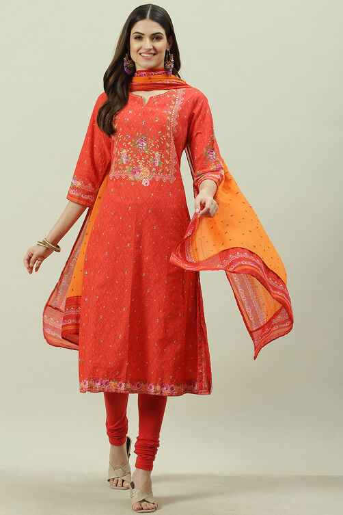 Red Printed Cotton Kalidar Kurta Legging Suit Set image number 0