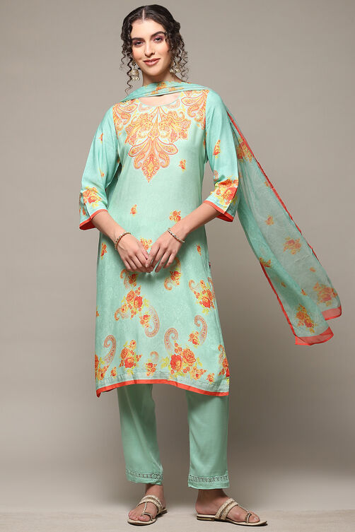 Sea Green Rayon Straight Kurta Regular Pants Suit Set image number 0