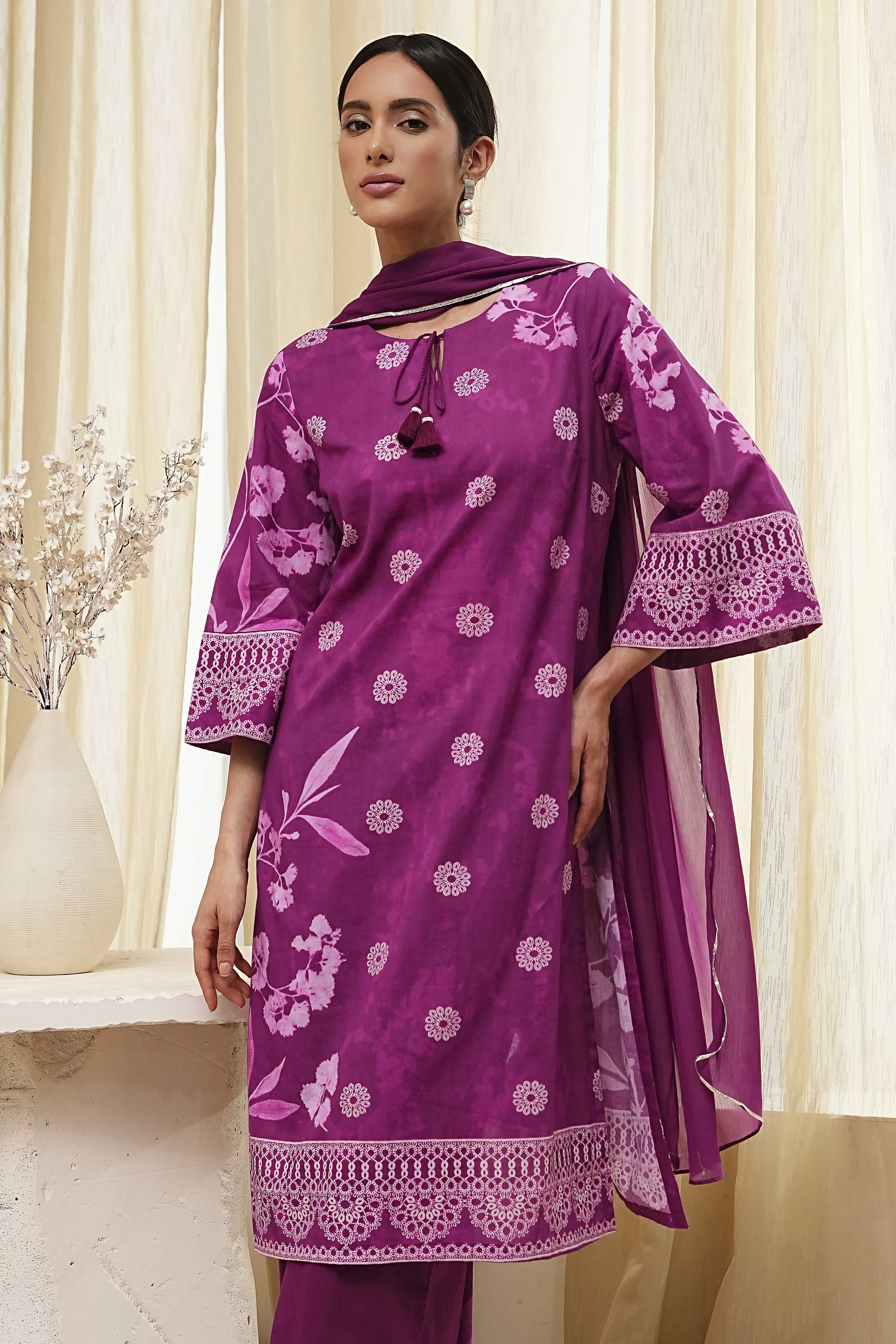 Berry Purple Cotton Straight Suit Set image number 7