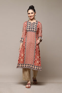 Burnt Orange LIVA Straight Printed Kurta image number 5