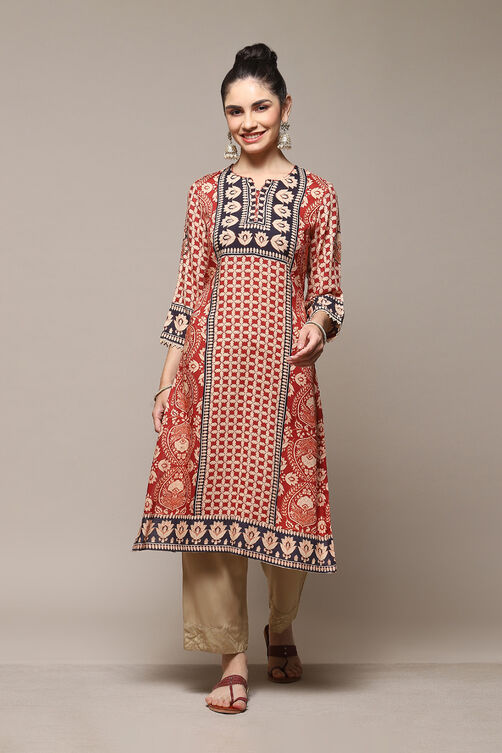 Ochre LIVA Straight Printed Kurta image number 5