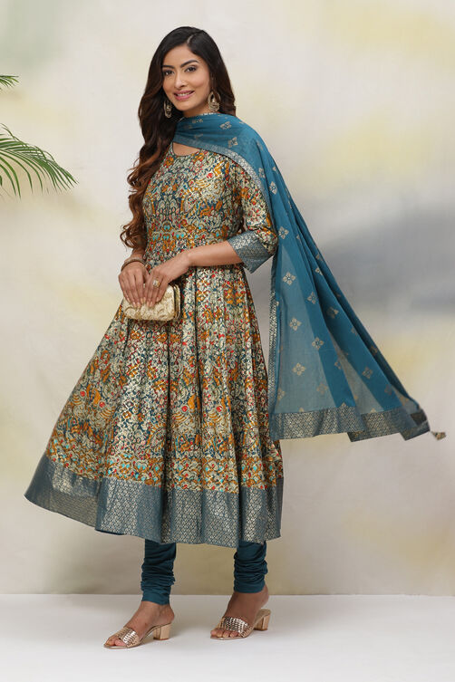 Teal Cotton Anarkali Kurta Churidar Suit Set image number 5