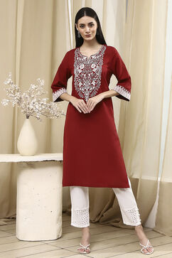 Maroon Cotton Straight Kurta image number 5