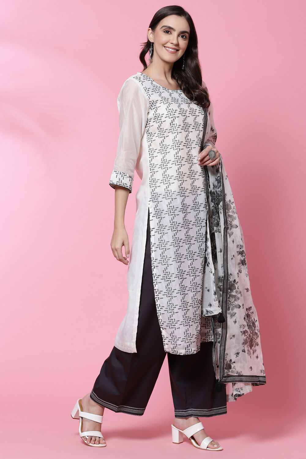 Ivory Black Cotton Straight Kurta Palazzo Suit Set image number 6