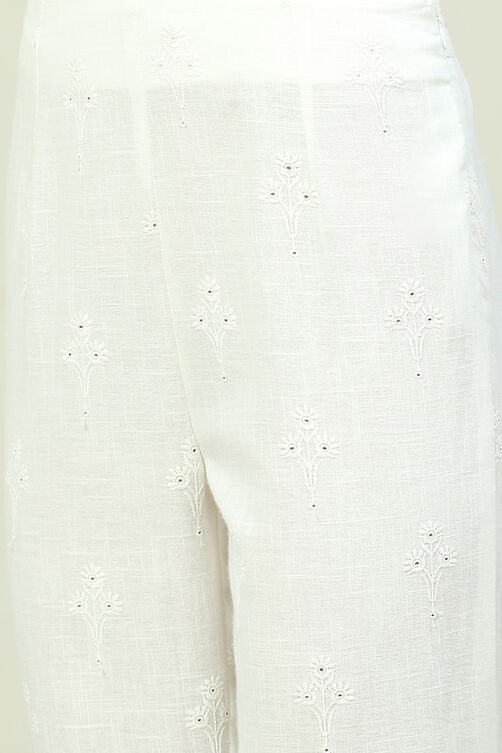 Off White Cotton Embroidered Pants image number 1