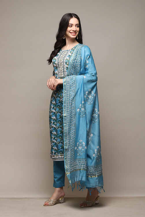 Blue Silk Blend Printed Unstitched Suit Set image number 6