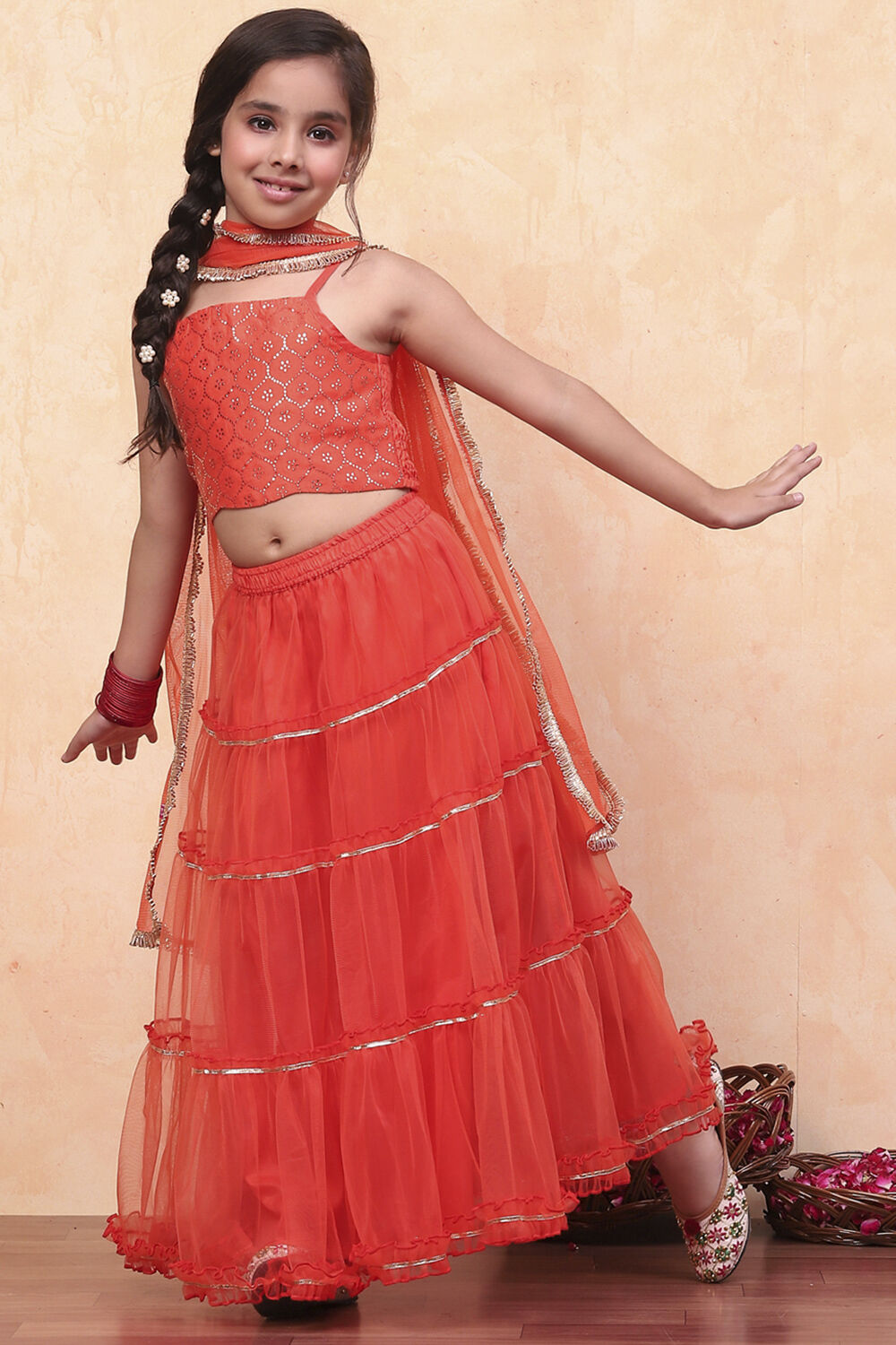 Orange Poly Chanderi Metallic Tiered Flared Lehenga Set image number 6