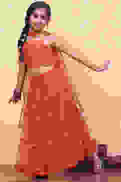 Orange Poly Chanderi Metallic Tiered Flared Lehenga Set image number 6